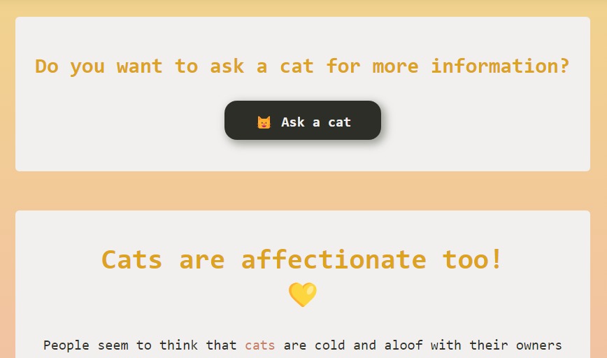 Screenshot of website about cats